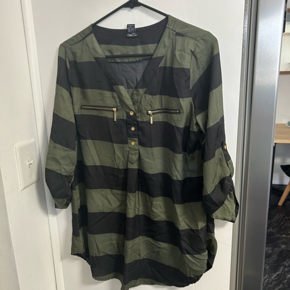 Rue21 Olive and Black Striped Blouse
